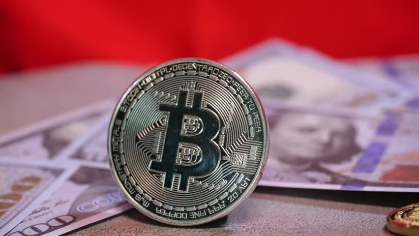 Hundred Dollar Bills - Bitcoin, Tether, Dogecoin, Shiba Inu Toekn Crypto - Red Chinese Flag - Concept Image