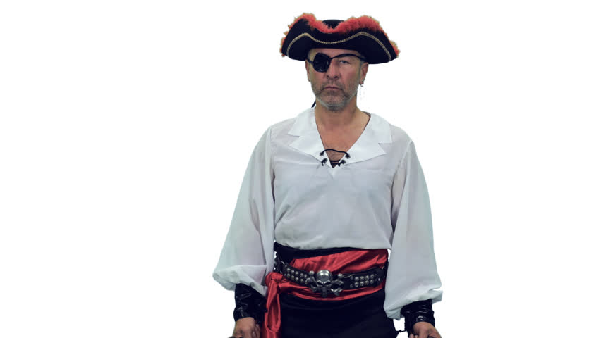 Cinematic style of rugged pirate with an eye patch posing with sword and pistol, Full HD footage with alpha transparency channel isolated on white background 