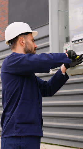 Electrician installing electrical panel in cottage community