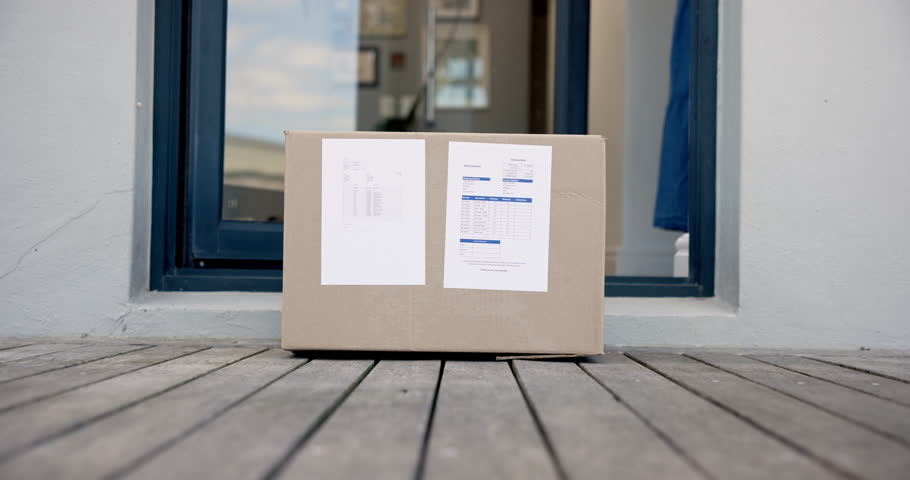 Home, front door and woman with box, delivery and logistics with package, parcel and ecommerce. Cardboard, apartment and consumer with product, person and courier service with shipping order