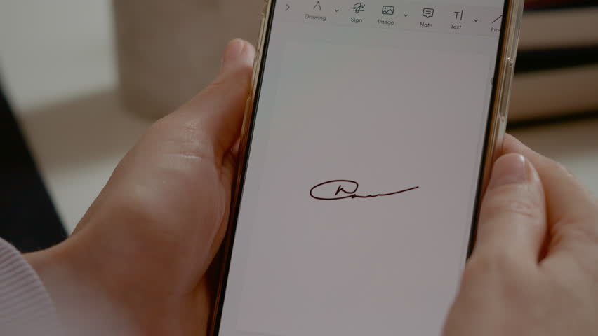 Professional businesswoman digitally signing legal document using smartphone touchscreen, verifying electronic agreement with confident finger tapping