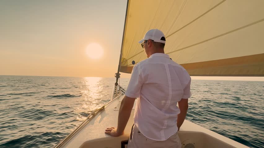 Young man sailing on yacht under white sail. Yacht captain in white shirt travel on ocean. Man traveling on ocean on yacht watching sunrise. Sea travel. Ship sailing sea man looks sun. Sail for dream