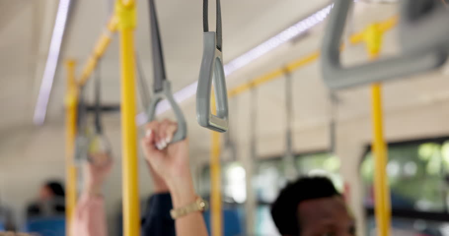 Balance, grip and hands of people on bus for commute, public transportation or travel closeup. Adventure, journey and trip with passenger holding handle in vehicle for drive to tourist destination