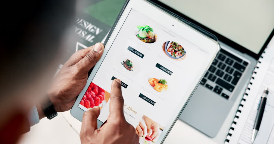 Hands, tablet screen and mobile app for food delivery, order and ecommerce as customer experience. Person, technology and choice on restaurant menu with online, ux and scroll on website for nutrition