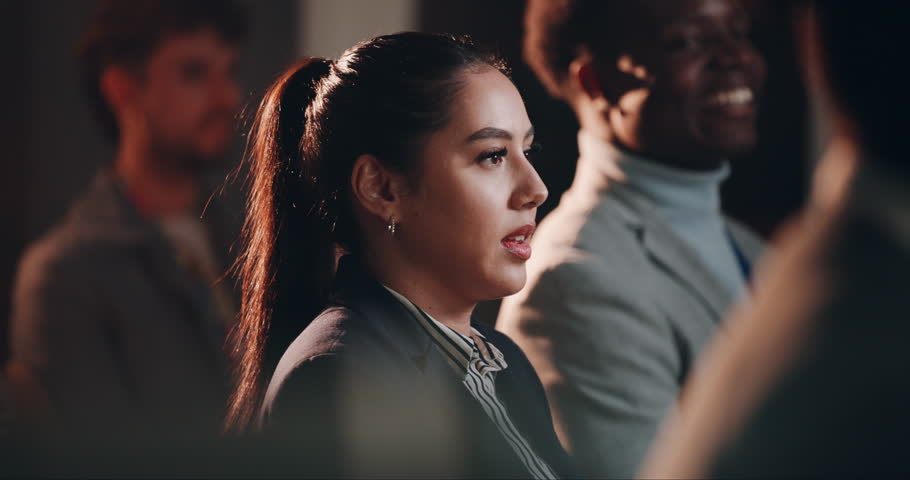 Business woman, audience and listening at convention for career, development and international seminar. Person, crowd and workshop for training, information and opportunity for growth at conference
