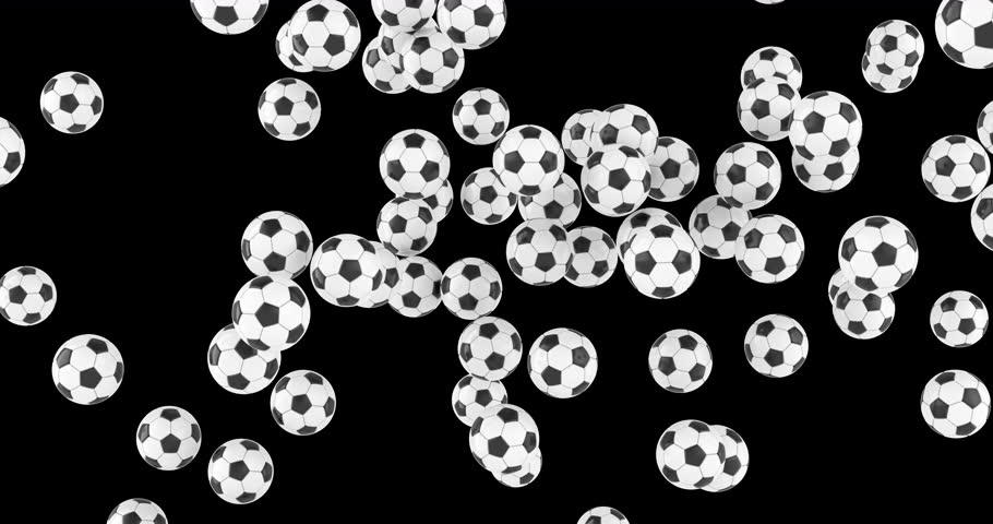 Soccer balls falling down. 3D animation on transparent background