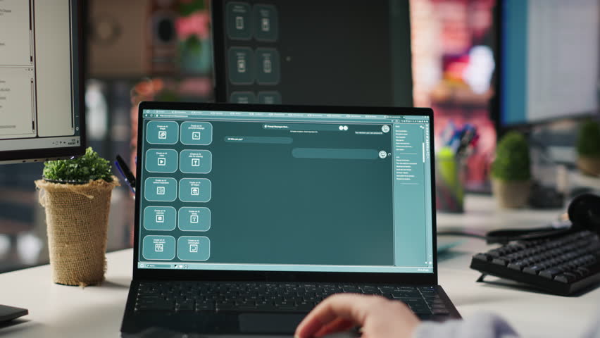 Call center agent uses AI chatbot on laptop to provide quick and accurate replies to common customer questions. Customer service worker generates automated responses using AI LLM on notebook, camera A - Powered by Shutterstock - Get 15% off with code: PIKWIZARD15