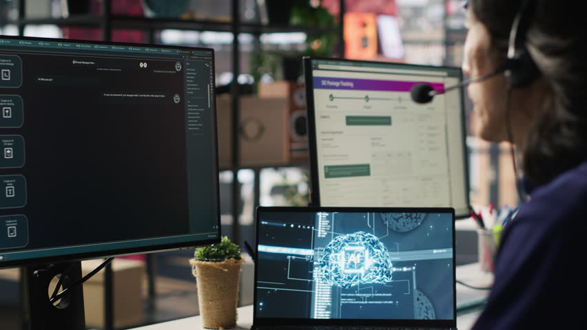 Customer center employee uses artificial intelligence LLM assistant to locate clients packages. Call center agents track shipments in office, using AI chatbot to generate solutions, camera A