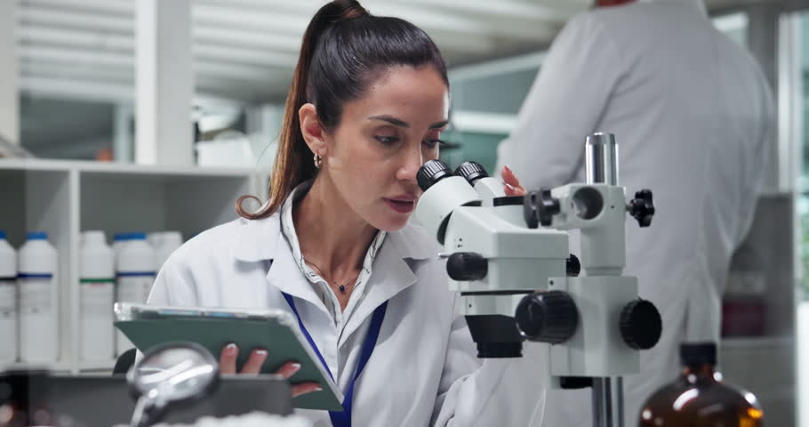 Microscope, science and woman on tablet for experiment, chemistry research and drugs development. Medical, microbiology and scientist with biotechnology for pharma, exam or check test results in lab