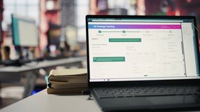 Package tracking software displayed on laptop screen in call center logistics department. Notebook in office showing app doing parcels shipment monitoring, searching for items lost in transit - Powered by Shutterstock - Get 15% off with code: PIKWIZARD15