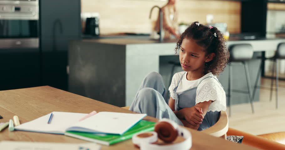 Bored, child and education with books at house of learning disability, assessment burnout and challenge. Sad, girl and depression of dyslexic anxiety, studying adhd and thinking of knowledge at house