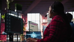 Call center worker in office using AI chatbot to provide quick replies to common customer queries. Woman doing customer service job generating automated responses to clients using AI, camera B - Powered by Shutterstock - Get 15% off with code: PIKWIZARD15