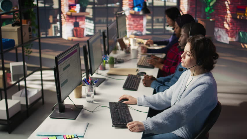 Customer support workers assisting clients to meet outbound call quotas and sales targets. Call center agents contacting prospects to inform them about new products, camera B