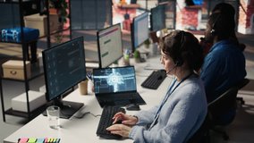 Call center worker in office uses AI LLM assistant to reply to customer queries. Woman doing customer service job generating automated responses to clients using artificial intelligence tech, camera B - Powered by Shutterstock - Get 15% off with code: PIKWIZARD15