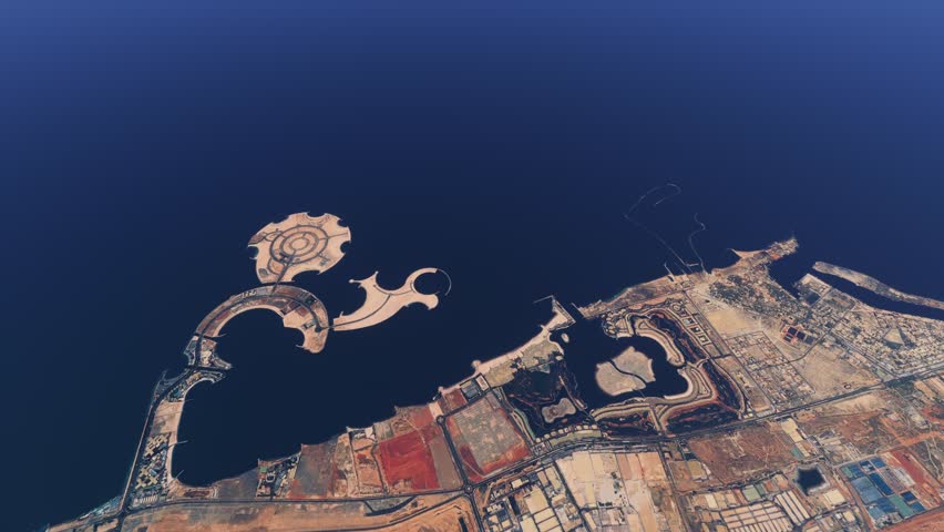 3D - Top aerial drone view of Al Marjan Island Beach in Jazeerat Al Marjan. Ras Al Khaimah. United Arab Emirates