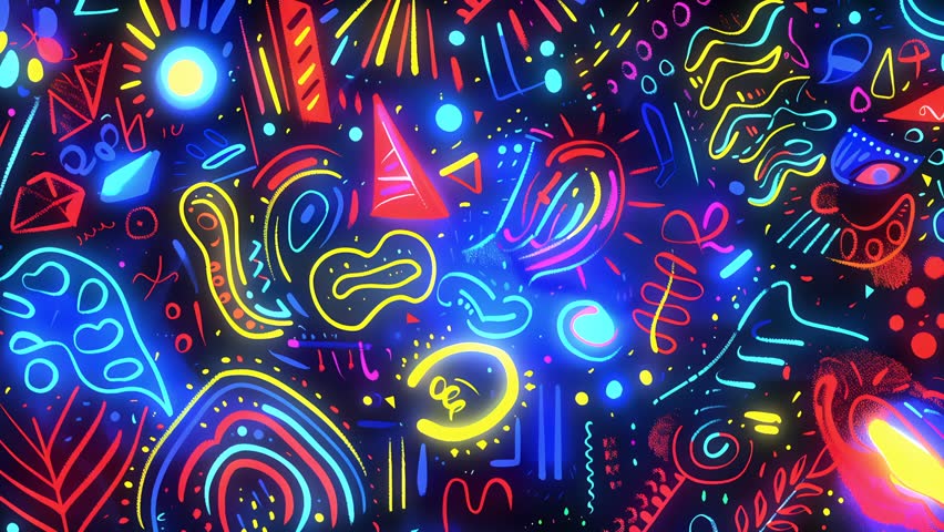 Seamless looping neon cartoon backgrounds with doodles, glowing patterns, and vibrant motion. Perfect for VJ loops, animations, and creative visuals. psychedelic, cyberpunk, stylized comic-style