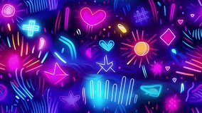 Seamless looping neon cartoon backgrounds with doodles, glowing patterns, and vibrant motion. Perfect for VJ loops, animations, and creative visuals. psychedelic, cyberpunk, stylized comic-style - Powered by Shutterstock - Get 15% off with code: PIKWIZARD15