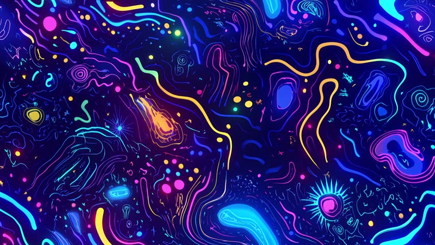 Seamless looping neon cartoon backgrounds with doodles, glowing patterns, and vibrant motion. Perfect for VJ loops, animations, and creative visuals. psychedelic, cyberpunk, stylized comic-style