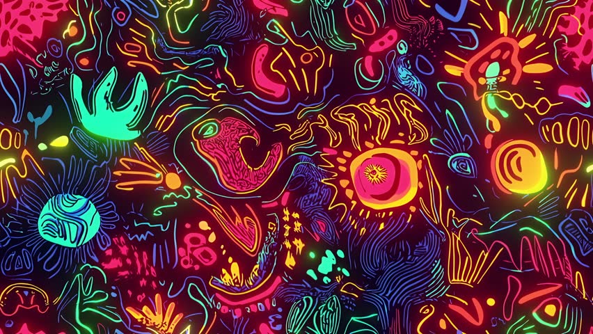 Seamless looping neon cartoon backgrounds with doodles, glowing patterns, and vibrant motion. Perfect for VJ loops, animations, and creative visuals. psychedelic, cyberpunk, stylized comic-style