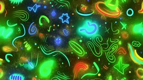 Seamless looping neon cartoon backgrounds with doodles, glowing patterns, and vibrant motion. Perfect for VJ loops, animations, and creative visuals. psychedelic, cyberpunk, stylized comic-style - Powered by Shutterstock - Get 15% off with code: PIKWIZARD15