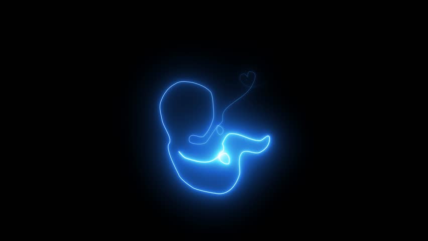 Fetus icon, Fetus umbilical. Reproductive health, gynecology.Pregnant love baby concept outline symbol design from Motherhood . baby in blue neon light on black background