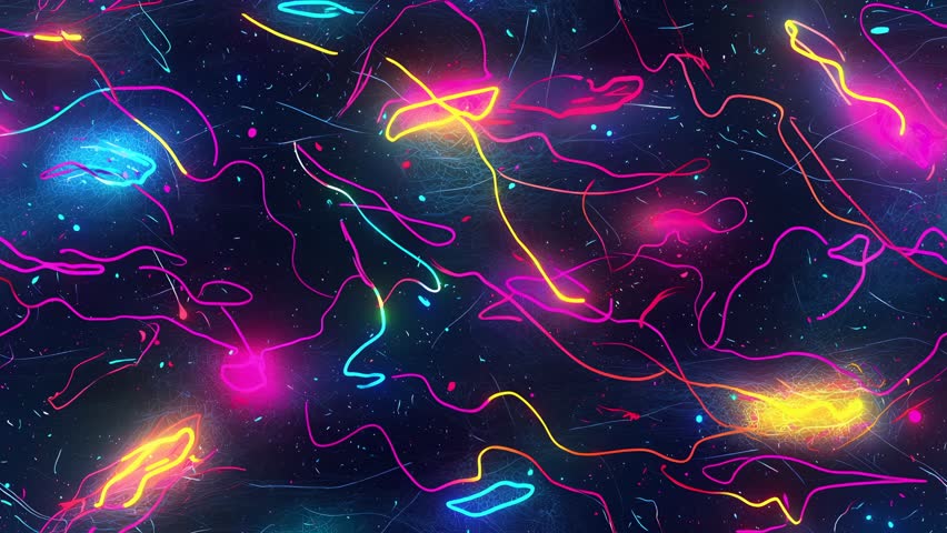 Seamless looping neon cartoon backgrounds with doodles, glowing patterns, and vibrant motion. Perfect for VJ loops, animations, and creative visuals. psychedelic, cyberpunk, stylized comic-style