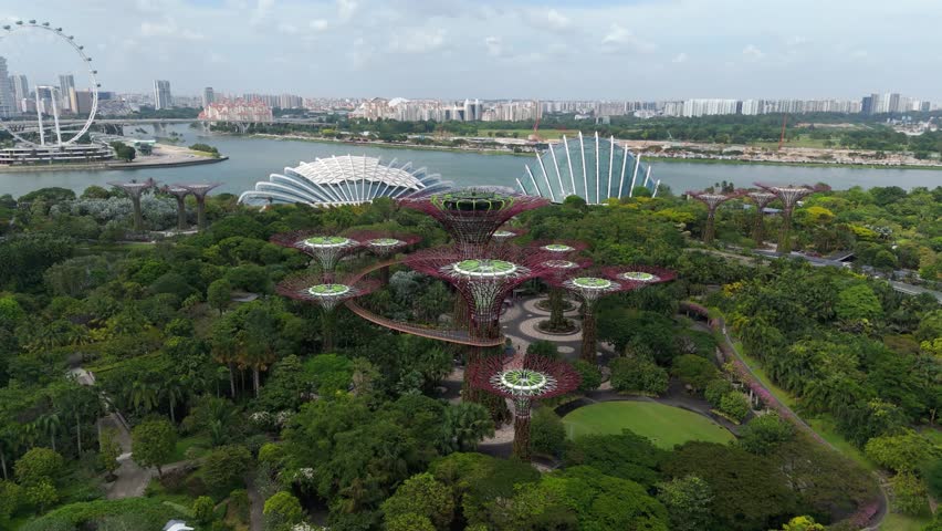 Gardens by the Bay with many famous landmarks in Singapore. Aerial
