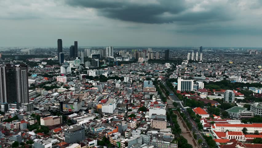 Aerial panorama of the modern Jakarta downtown and business district in indonesia capital city
