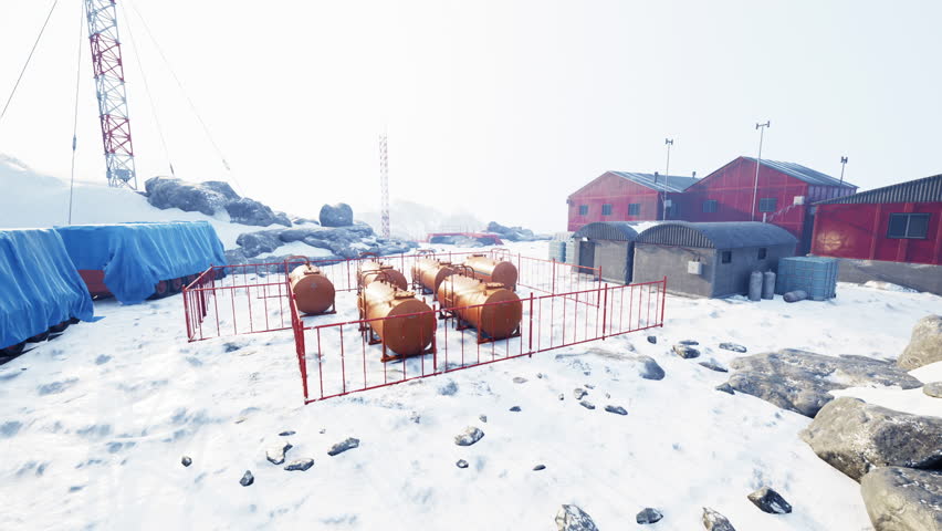 Scientists conduct experiments at an old research station in Antarctica surrounded by snow and ice, focusing on weather conditions and environmental studies.