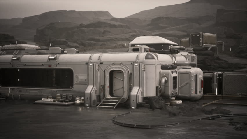 A colonist base stands amidst the rugged landscape of a distant planet, showcasing habitat modules and essential equipment for sustaining life in the extraterrestrial environment.