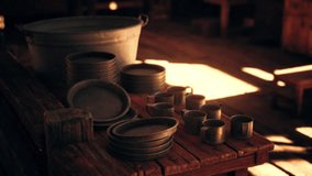 A collection of rustic pottery and metal utensils is arranged on a wooden table, illuminated by soft light in a cozy interior space, evoking a sense of warmth and craftsmanship. - Powered by Shutterstock - Get 15% off with code: PIKWIZARD15