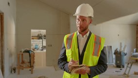 Professional engineer, wearing a safety helmet and reflective vest, inspects a busy construction site, taking notes with a notepad for thorough documentation to ensure everything is in order - Powered by Shutterstock - Get 15% off with code: PIKWIZARD15