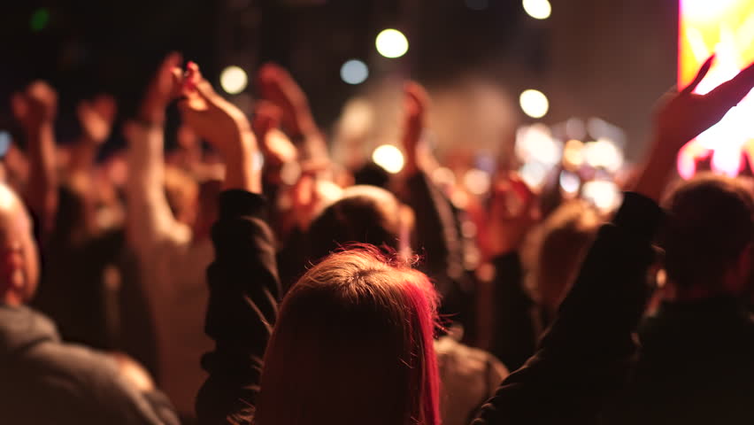Lot people applause music concert. Many fans cheering fun party lift hand up. Crowd hang out cool night life fest applaud k pop chill. Epic hip hop clap. Neon light rave. Joy dj enjoy kpop. Live arena