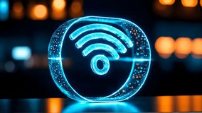 A Wi-Fi icon with a luminous blue glow and particle effects, set against a dark background with blurred lights. The design suggests wireless network technology and digital connectivity - Powered by Shutterstock - Get 15% off with code: PIKWIZARD15