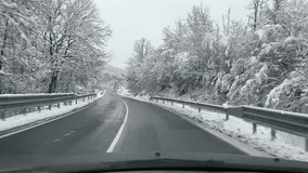 Winter Wonderland Road Trip. Frontal View Along Forest Path Embark on a winter road trip through a captivating forest path. POV shot. Trees covered with snow. Filmed with gimball. - Powered by Shutterstock - Get 15% off with code: PIKWIZARD15