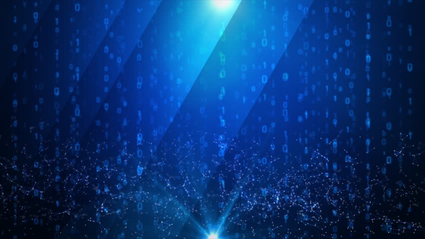 Abstract background digital number 0 1 rain drop matrix grid with dot and line connection metaphor digital data transfer for cyber technology and futuristic concept video overlay template