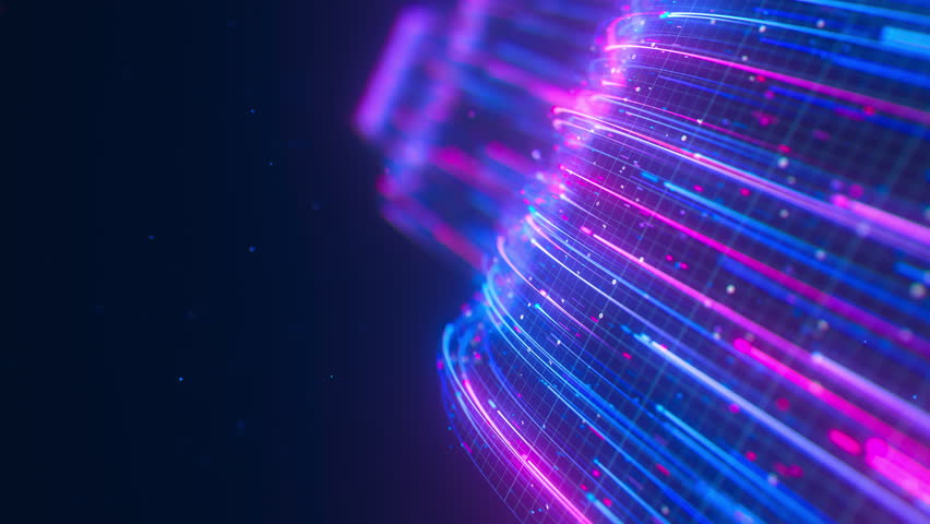 Closeup of Big data light speed warped flow. Abstract digital data stream of quantum computing. Cyberspace of qubit trail waves. Modern tech information transmission.