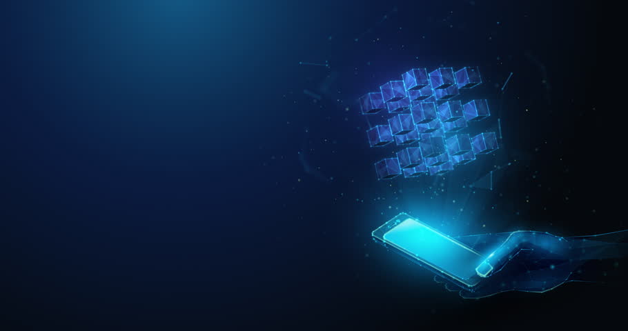 Lowpoly Blockchain Cubes Over Smartphone in Hand Seamless Animation.Cryptocurrency wallet mobile application based on blockchain technology animated looped concept by wireframe mesh on blue background