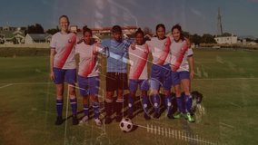 Young soccer team posing on field with data processing animation overlay. Teamwork, sports, children, technology, youth, football - Powered by Shutterstock - Get 15% off with code: PIKWIZARD15