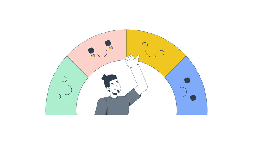 Mood tracking 2D animation. Emotional awareness. Wellbeing tracker. Self regulation. Man choosing emotions from spectrum animated character cartoon flat concept metaphor 4K video isolated on white