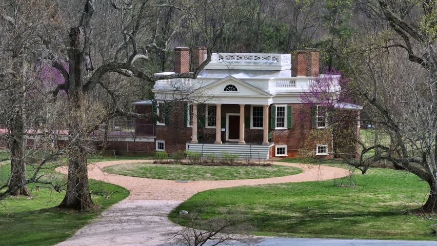 Historic Thomas Jefferson Popular Forest House during sunny spring day. Lynchburg Suburb America,. Aerial view.