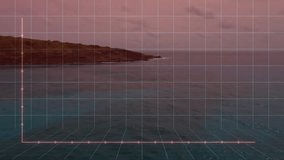 Animation of fluctuating data points over coastal landscape during sunset. Analytics, data visualization, infographic, statistics, coastline, technology - Powered by Shutterstock - Get 15% off with code: PIKWIZARD15