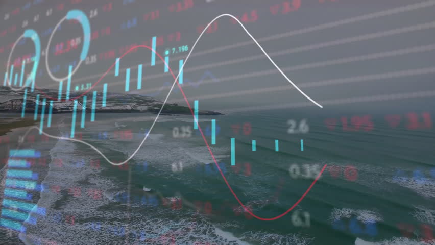 Animation of financial data graphs overlaying ocean waves on coastal landscape. Finance, analytics, technology, fintech - Powered by Shutterstock - Get 15% off with code: PIKWIZARD15