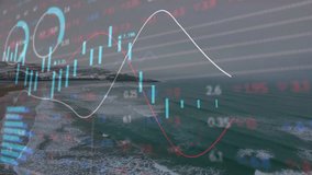 Animation of financial data graphs overlaying ocean waves on coastal landscape. Finance, analytics, technology, fintech - Powered by Shutterstock - Get 15% off with code: PIKWIZARD15