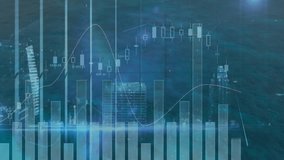 Cityscape by water with financial data charts and graphs in animation overlay. Urban, skyline, finance, analytics, technology, economy - Powered by Shutterstock - Get 15% off with code: PIKWIZARD15