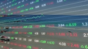 Stock market data animation over serene beach landscape with ocean waves. Finance, investment, technology, analytics, nature, tranquility - Powered by Shutterstock - Get 15% off with code: PIKWIZARD15