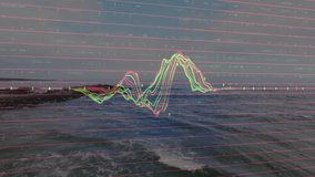Colorful data graph animation over ocean waves and rocky shoreline. Analytics, data visualization, technology, innovation, nature, coastline - Powered by Shutterstock - Get 15% off with code: PIKWIZARD15