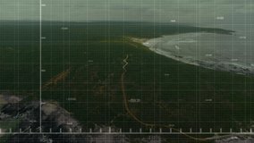 Green line graph animation over aerial view of coastal landscape with grid overlay. Data, analytics, technology, innovation, environment, progress - Powered by Shutterstock - Get 15% off with code: PIKWIZARD15