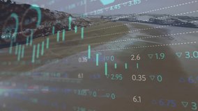 Financial data and stock market graphs animation over coastal landscape. Finance, investment, technology, analytics, economy, growth - Powered by Shutterstock - Get 15% off with code: PIKWIZARD15