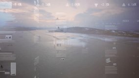 Animation of data visualization graphics overlaying coastal landscape at sunset. Technology, analytics, environment, innovation - Powered by Shutterstock - Get 15% off with code: PIKWIZARD15